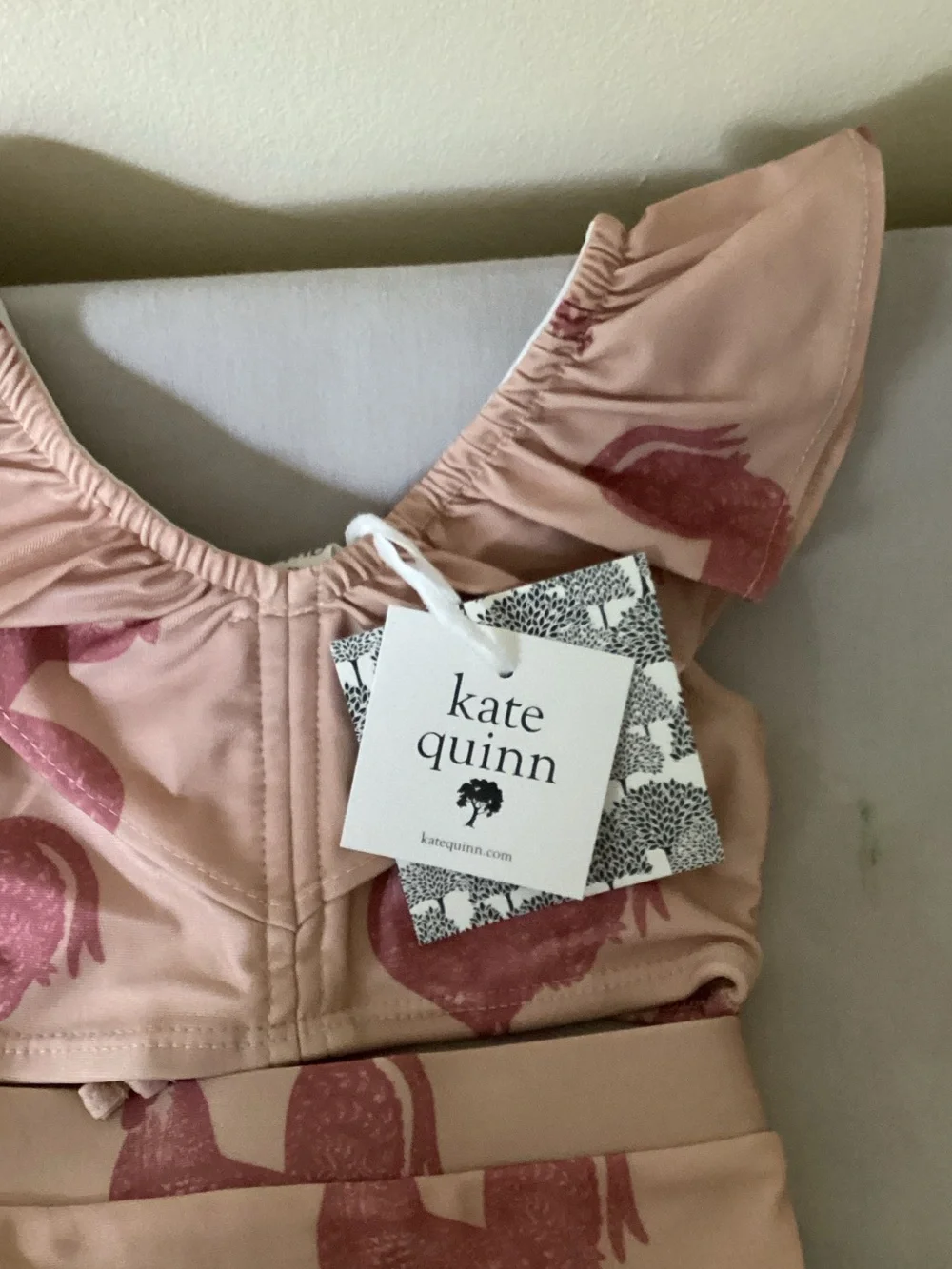 kate quinn Pink Rooster Print Ruffle Bikini Set